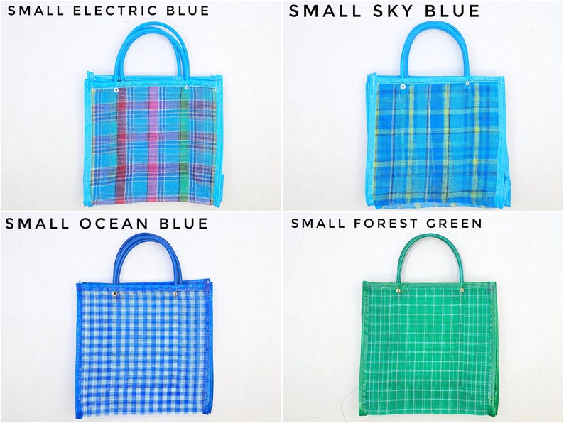 May include: Four small square tote bags with rounded handles. The top left bag is electric blue with a pink and green plaid pattern. The top right is sky blue with a blue and yellow plaid. The bottom left is ocean blue with a white gingham check. The bottom right is forest green with a white grid pattern.