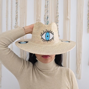 Handmade Embroidered Straw Hat: Evil Eye Decor