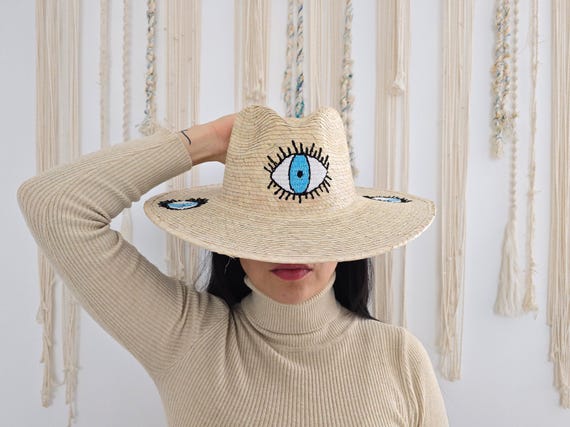 EVIL EYE CUSTOM STRAW BRIMMED HAT -??- BRAND NEW !!! Embroidered Evil Eye Hat, Handmade Straw Hat. Summer Style  main image 3