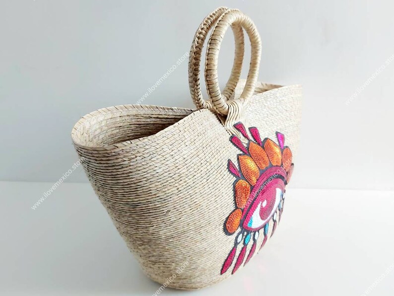 Straw Bag With Evil Eye Sequin Patch / Handmade Market Straw Etsy