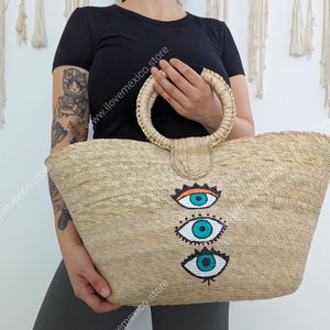 Hand painted straw bag / beach tote with eye paint