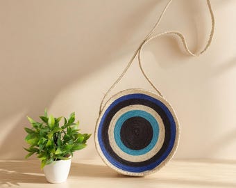 Round Mexican Palm Leaf Bag | Dark Turquoise Handwoven Beach Tote