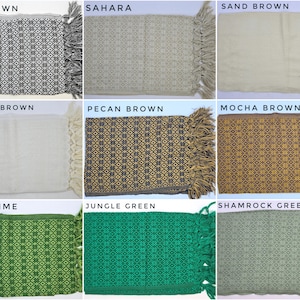 May include: A collection of nine rectangular woven textiles featuring intricate geometric patterns and fringed edges. The color variations include Ash Brown, Sahara, Sand Brown, Tortilla Brown, Pecan Brown, Mocha Brown, Green Lime, Jungle Green, and Shamrock Green.