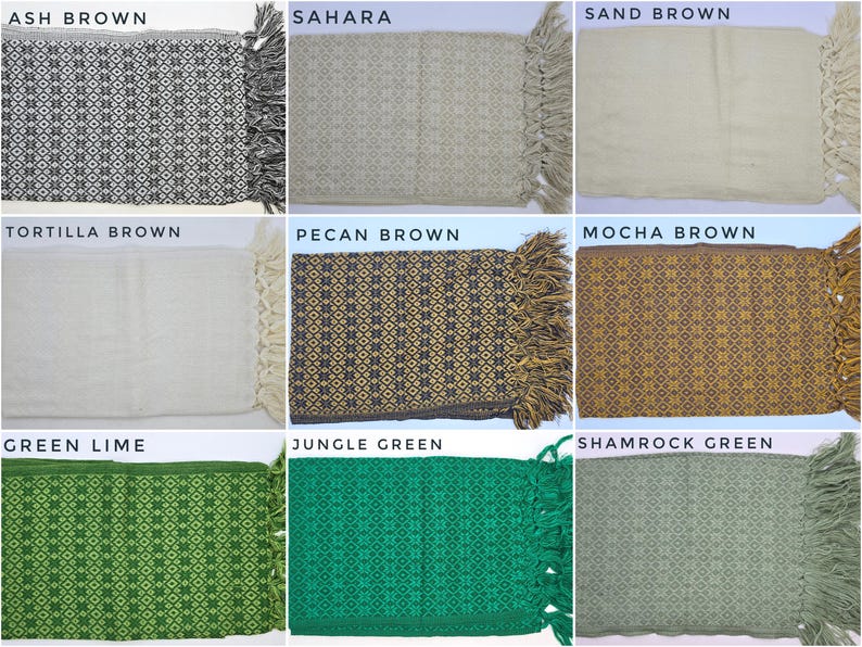 May include: A collection of nine rectangular woven textiles featuring intricate geometric patterns and fringed edges. The color variations include Ash Brown, Sahara, Sand Brown, Tortilla Brown, Pecan Brown, Mocha Brown, Green Lime, Jungle Green, and Shamrock Green.