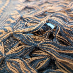 May include: A woven textile featuring a repeating geometric pattern in black and copper brown. The fabric edge displays a decorative knotted fringe detail where the black and copper brown threads are gathered and tied into distinct clusters.