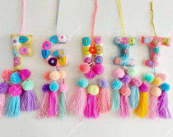 Pastel Christmas letters with tassels / Embroidered letter ornament / Mexican Christmas decoration / christmas stocking decor