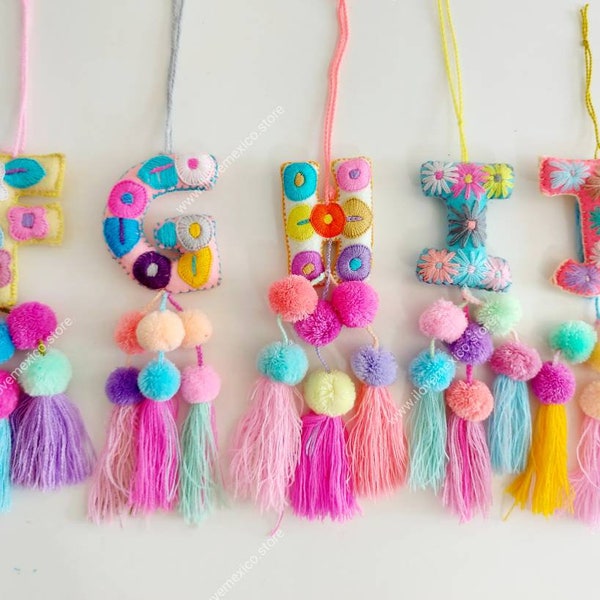 Pastel Christmas letters with tassels / Embroidered letter ornament / Mexican Christmas decoration / christmas stocking decor