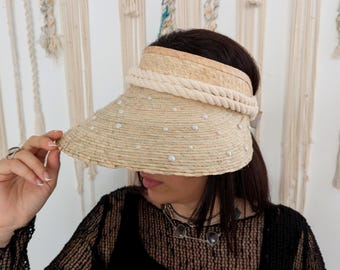 Hand made straw visor / Straw beach visor with pearl decoration