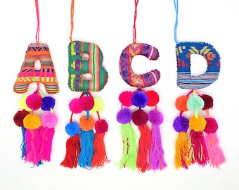 Embroidered Christmas Letter Ornament - Mexican fabric letter decoration