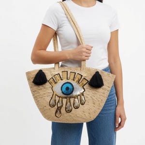 Handmade Mexican Straw Beach Tote Bag with sequin patch and tassels