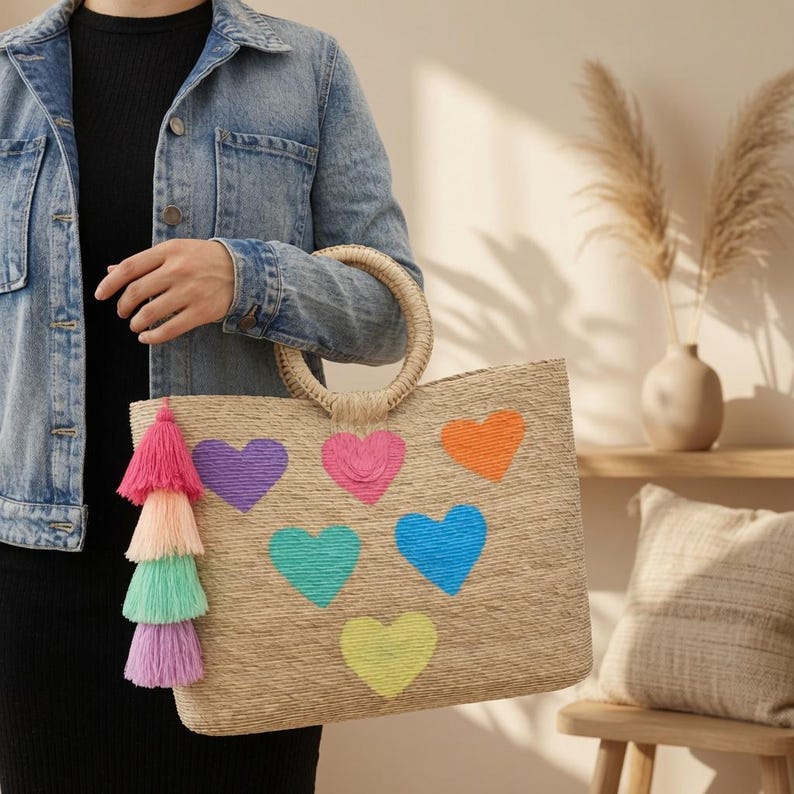 May include: A rectangular straw tote bag featuring round woven handles and six embroidered hearts in purple, pink, orange, teal, blue, and yellow. A multi-colored tassel in shades of hot pink, peach, mint green, and lavender hangs from the side.