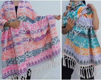 Woven cotton rebozo scarf / Traditional large mexican rebozo / Mexican otomi pattern shawl / mexican cotton pashmina / rebozo for labor