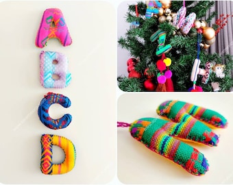 Christmas letters with tassels / Embroidered letter ornament / Mexican Christmas decoration / christmas stocking decor / personalized letter