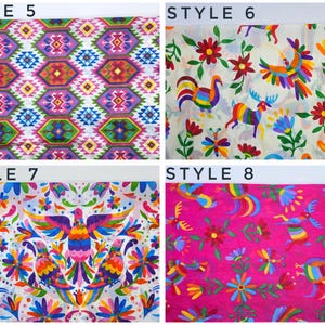May include: Four fabric swatches labeled Style 5 through 8. Style 5 features a geometric diamond pattern in pink, purple, green, and blue. Styles 6, 7, and 8 display colorful folk-art motifs of birds, flowers, and animals on white and pink backgrounds.