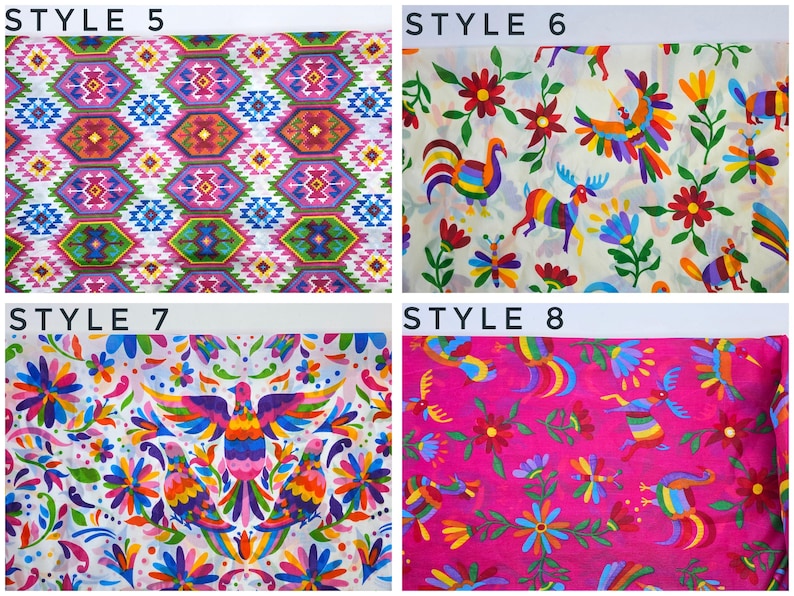 May include: Four fabric swatches labeled Style 5 through 8. Style 5 features a geometric diamond pattern in pink, purple, green, and blue. Styles 6, 7, and 8 display colorful folk-art motifs of birds, flowers, and animals on white and pink backgrounds.