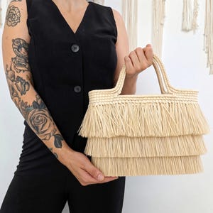 Fringed Straw Beach Basket, Rectangular Mexican Tote Bag, Small or Large