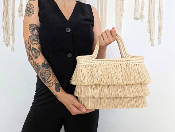 Fringed Straw Beach Basket, Rectangular Mexican Tote Bag, Small or Large