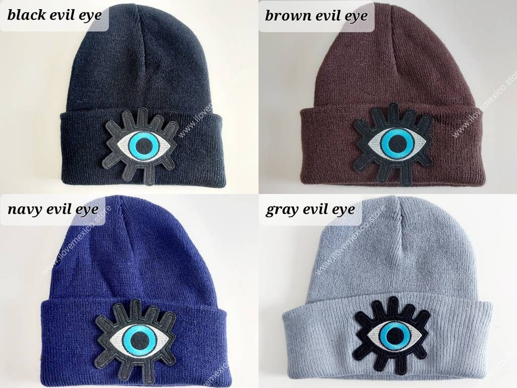 ✨Host Pick ✨New Custom Designed Black Slouchy Pom Beanie w/ Evil Eye From Greece Evil Eye Beanie - Black with Blue Embroidery – Buggy NYC main image 3