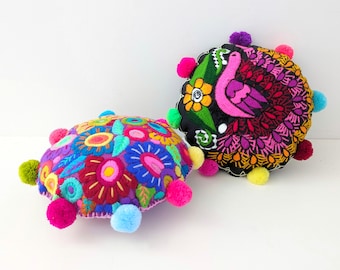 Embroidered Mini Throw Pillow: Colorful Mexican Mandala Decor