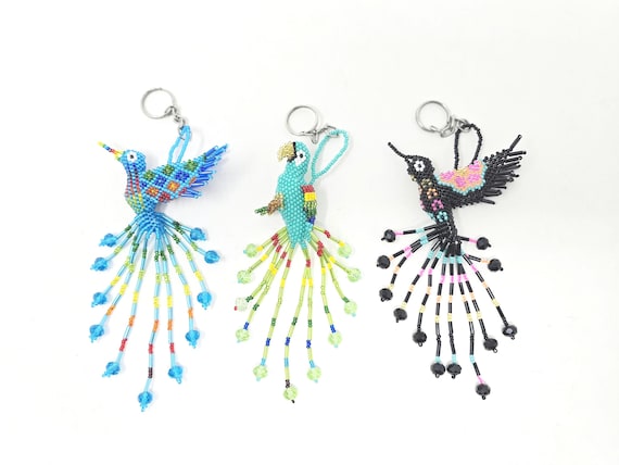 Glass Bead Bird Keychain - Mexican Parrot / Hummingbird Key Holder