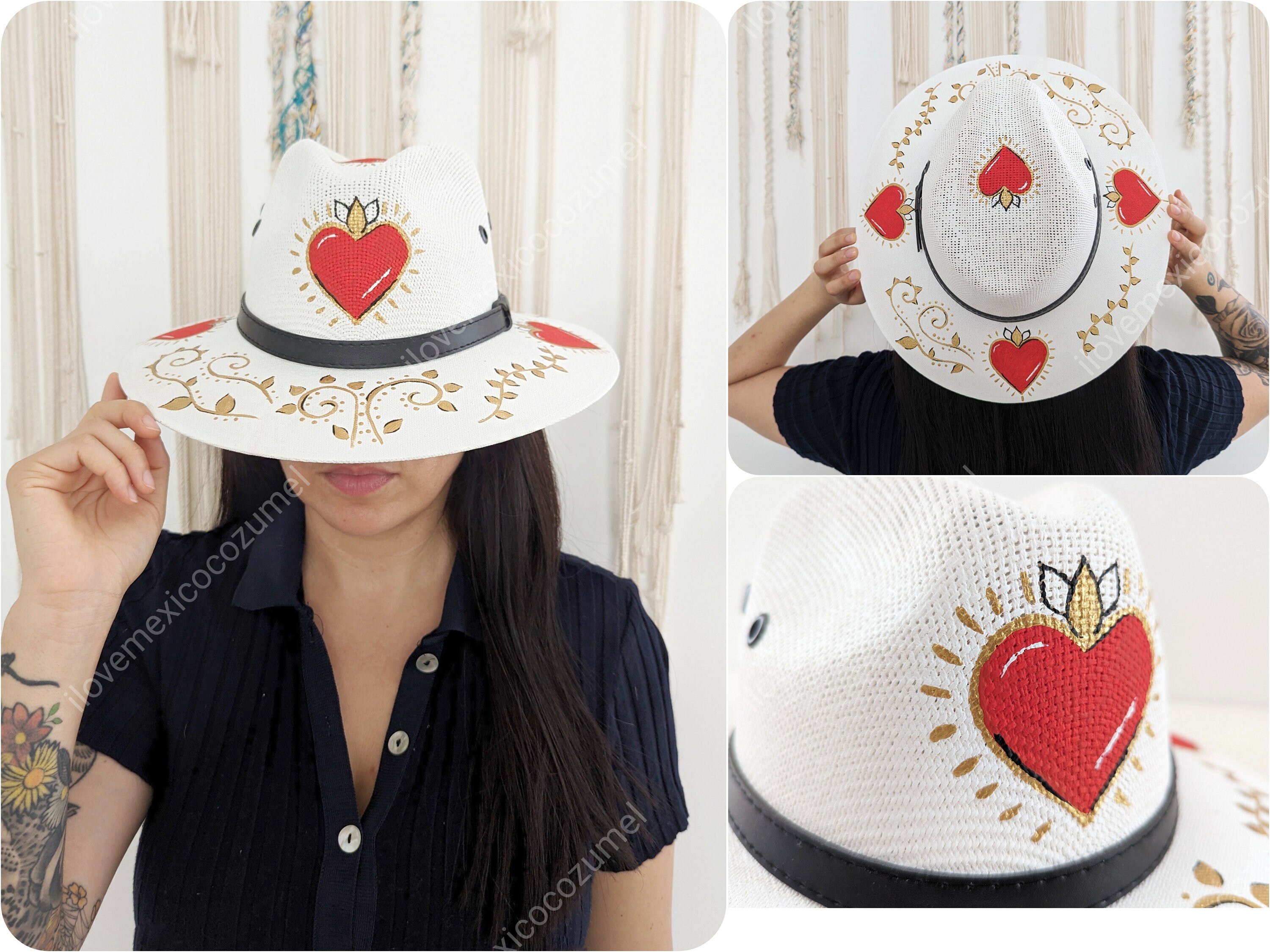 Mexican Hat With Hand Painted Heart Decoration - Etsy display picture 2
