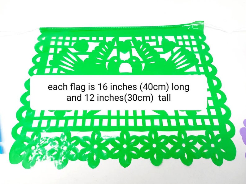 May include: Green paper party banner with a cut-out design of flowers and birds. Each flag is 16 inches (40 cm) long and 12 inches (30 cm) tall.