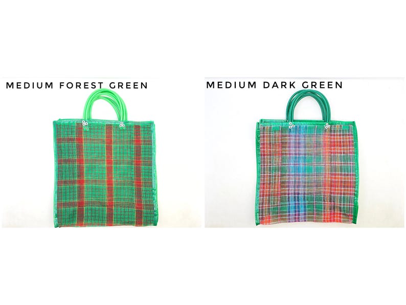 May include: Two square tote bags with green handles. The left bag is labeled MEDIUM FOREST GREEN and features a green and red plaid pattern. The right bag is labeled MEDIUM DARK GREEN and features a multi-colored plaid pattern with red, blue, and green.