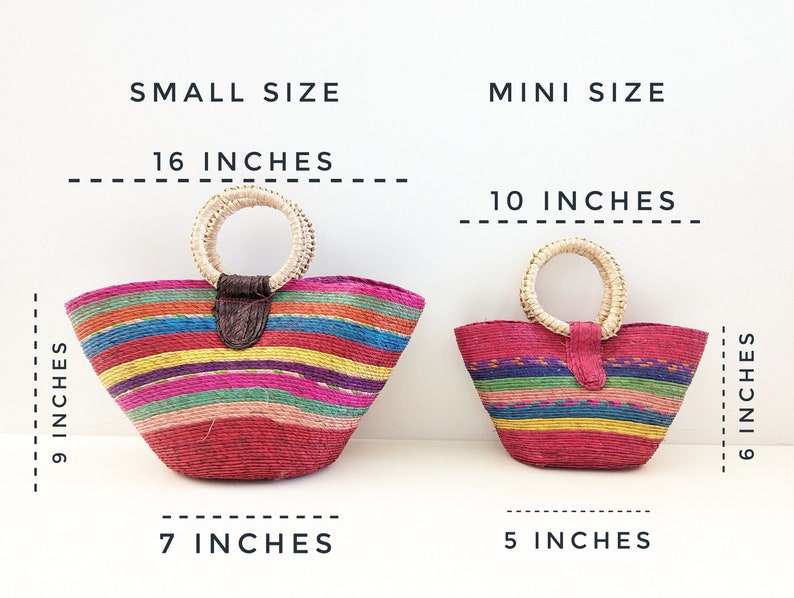 May include: Two woven straw handbags with horizontal stripes in red, pink, yellow, green, and blue. The small size measures 16 inches wide by 9 inches high with a 7-inch base. The mini size measures 10 inches wide by 6 inches high with a 5-inch base.