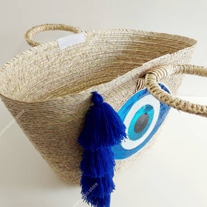 Boho Straw Bag With Evil Eye Sequin Patch / Handmade Market Straw Bag ...