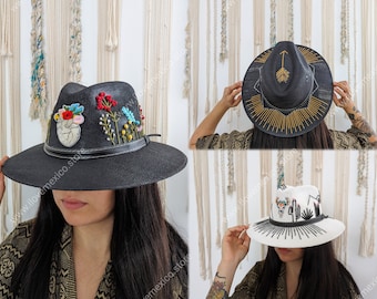 Embroidered Panama hat / Mexican hat with glass bead decoration