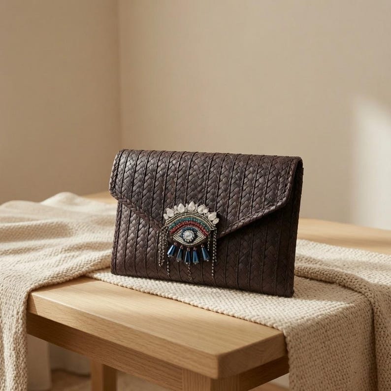 Bolso de mano mexicano de paja con parche para el ojo / Bolso boho hecho a mano imagen 4