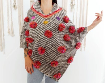 Mexican Traditional wool poncho with pompoms / embroidered poncho