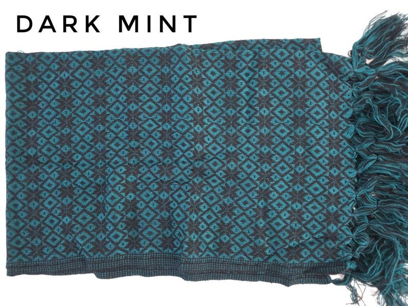 Traditional Mexican Rebozo Shawl - Handwoven Cotton blend Scarf Dark mint