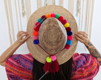 Mexican pompom hat band / hatband in multi colors / pompom hat strap / hat accessories