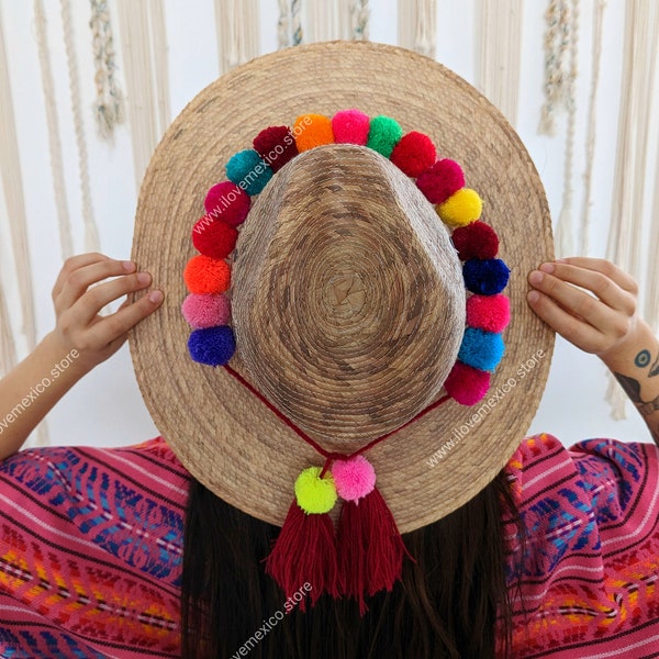 Mexican pompom hat band / hatband in multi colors / pompom hat strap / hat accessories