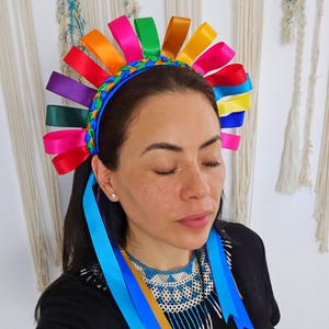 Embroidered Floral Headband with Ribbons - Mexican Handmade