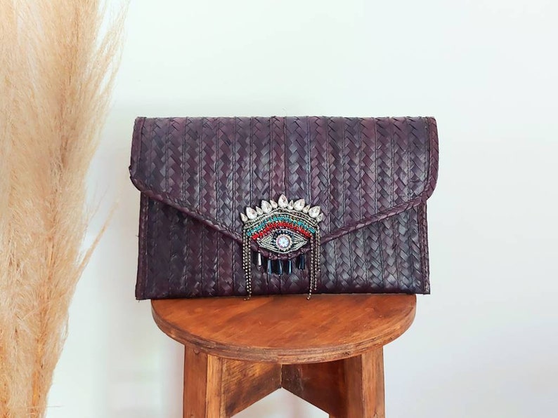 Bolso de mano mexicano de paja con parche para el ojo / Bolso boho hecho a mano imagen 3