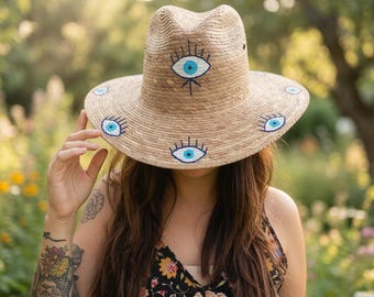 Hand Painted Evil Eye Palm Straw Hat Mexican Beach Summer Sun Hat