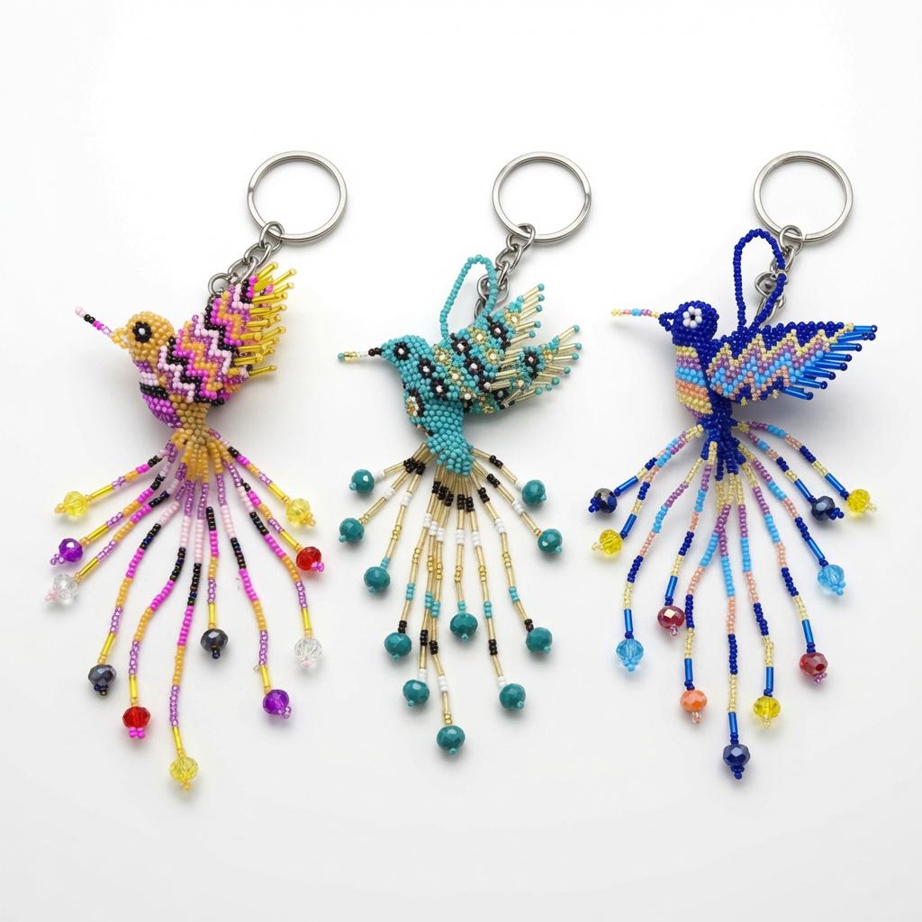Handmade Mexican Glass Bead Hummingbird Keychain Colorful Key
