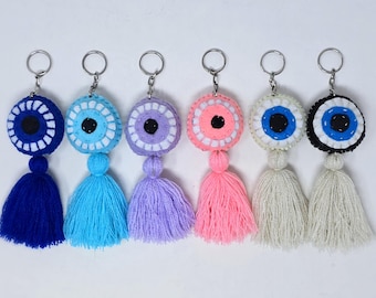 Handmade Evil Eye Keychain: Embroidered Tassel Keyring