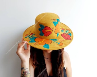 Hand painted suede hat / hand painted hat / floral hat