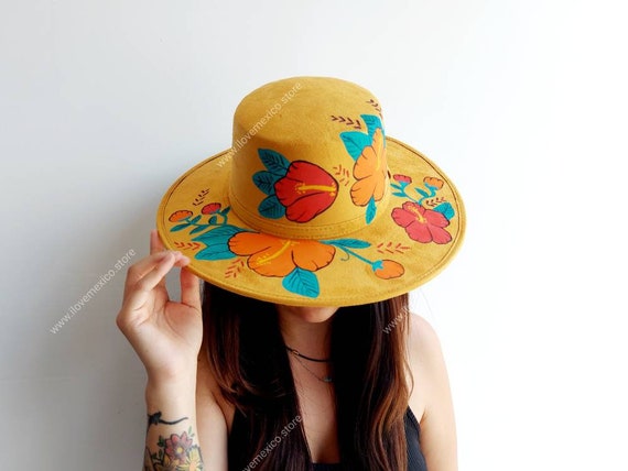 Hand-painted Floral Suede Hat: Mexican Artisan Crafted - Etsy display picture 1