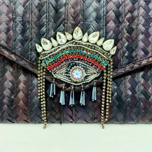 Bolso de mano mexicano de paja con parche para el ojo / Bolso boho hecho a mano imagen 5