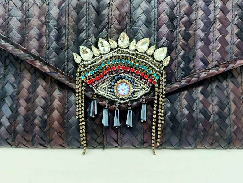 Bolso de mano mexicano de paja con parche para el ojo / Bolso boho hecho a mano imagen 5