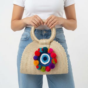 Evil Eye Straw Beach Bag with Pompoms | Handmade Mexican Palm Leaf Tote