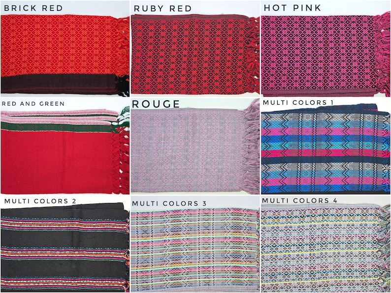 May include: A collection of nine rectangular woven textiles featuring various patterns and color combinations including brick red, ruby red, hot pink, red and green, rouge, and four multi-colored designs with fringe edges and geometric motifs.