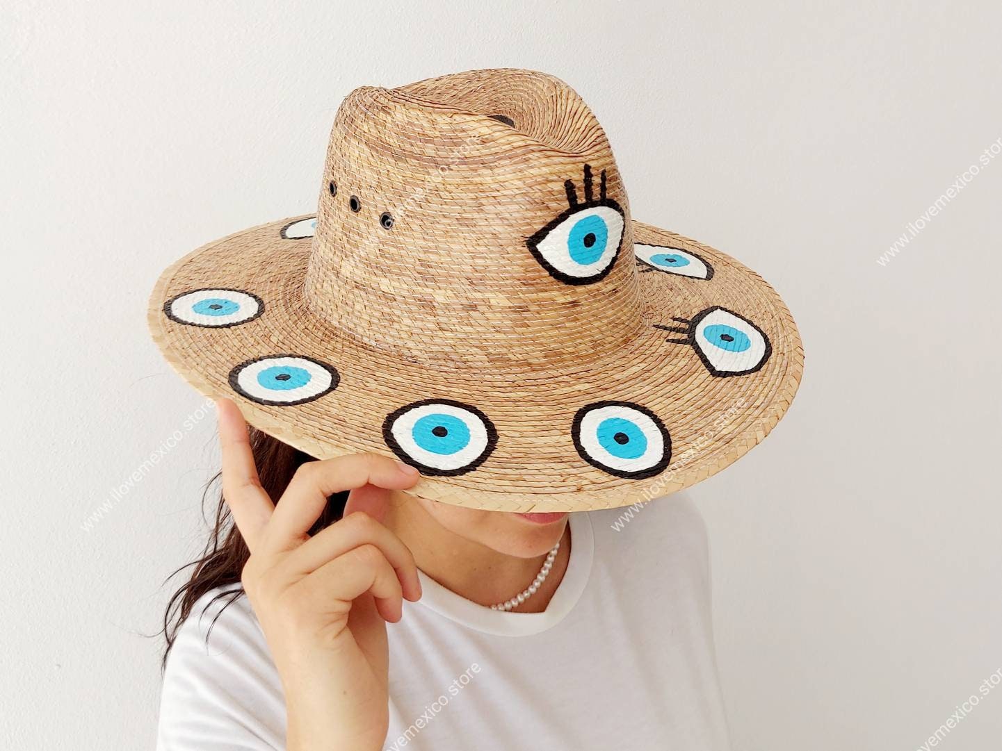 HAT MEXICAN Artisanal Hand Painted Fedora Evil Eye Mal De‎ Ojo HUNTER Brand Perla Negra - Black Panama Boater Hat | Handwoven Toquilla  main image 3