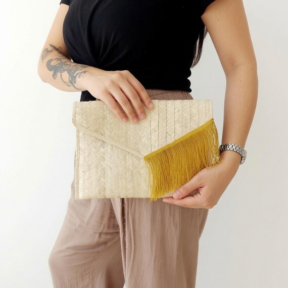 Mexican Straw Clutch with Fringes | Handmade Woven Boho Bag | Palm Leaf Purse