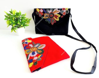 Floral cross body clutch bag with glass beads / Mexican summer bag