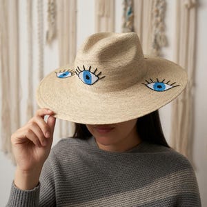 Evil Eye Embroidered Hat | Handmade Mexican Beach Hat | Natural Palm Straw image 6